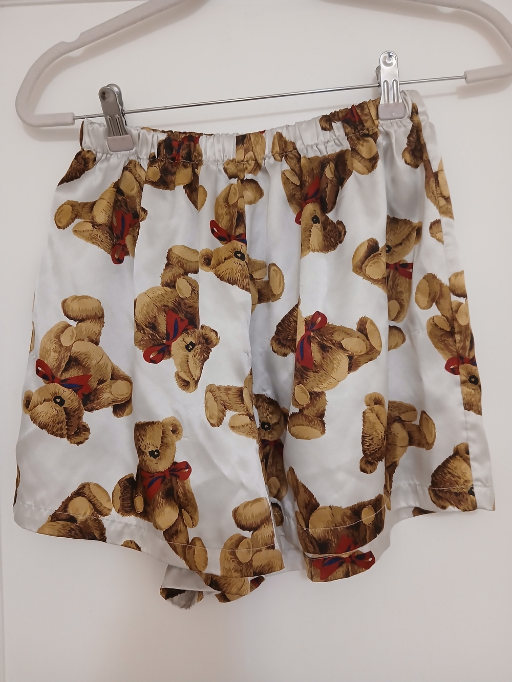 Vintage White Teddy Bear Print Satin Sleep Shorts